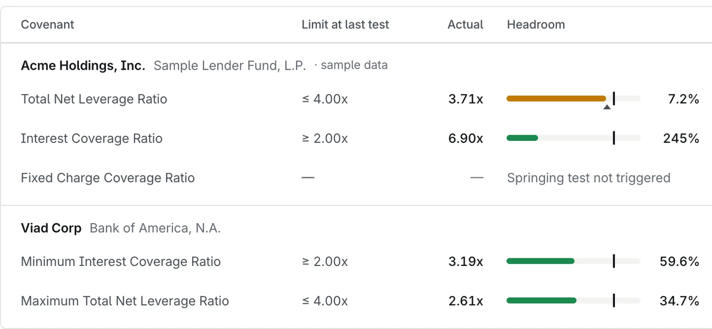 Covenant register listing leverage and coverage ratios across two borrowers with their limits, actuals and headroom.