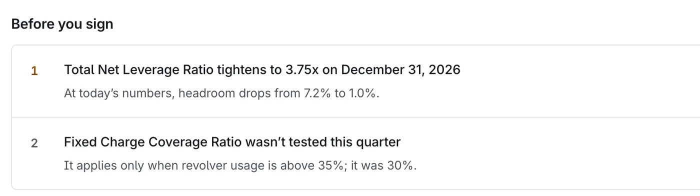 Before you sign: Total Net Leverage Ratio tightens to 3.75x on December 31, 2026; Fixed Charge Coverage Ratio wasn't tested this quarter.